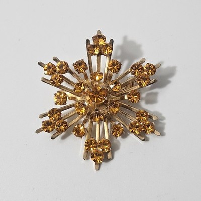 Vintage Coro Atomic Starburst Golden Rhinestone Brooch Gold Tone
