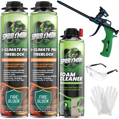 Sprayman X-Climate Pro Fire Block Foam Sealant 24oz 660g, 2 Pack - Gun Incl. Set
