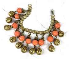 Miriam Haskell Style Filigree Coral Glass Charm Dangle Bracelet Vintage Unsigned