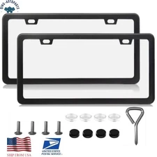 2PCS BLACK STAINLESS STEEL METAL LICENSE PLATE FRAME TAG COVER SCREW CAPS