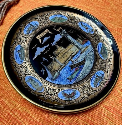 Vintage RHODOS GREECE Souvenir Plate 24K Gold Painted Ibiscus Ceramics Rhodes