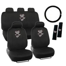 Hearts Zebra Stripes Logo Black Front Back Car Seat Covers Steering Wheel Cover