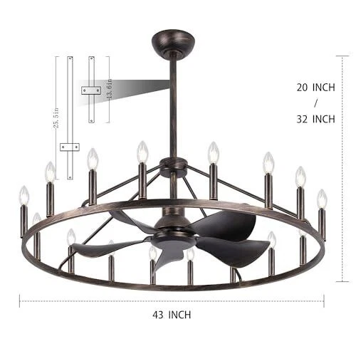  43" Antique Bronze Chandelier Farmhouse Ceiling Fan with Light and Remote - Image 2 of 4