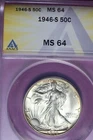 1946 S- ANACS 50C MS64 WALKING HALF LIBERTY #B44222