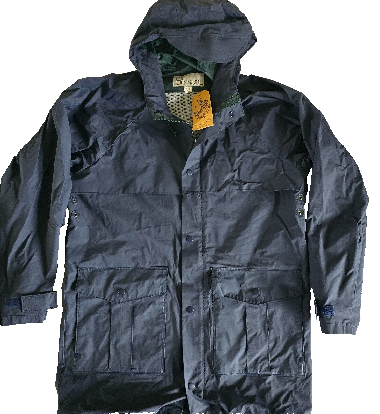 Mens Retro Blue Raincoat Small Hooded Waterproof Zip Press Stud Multiple Pockets