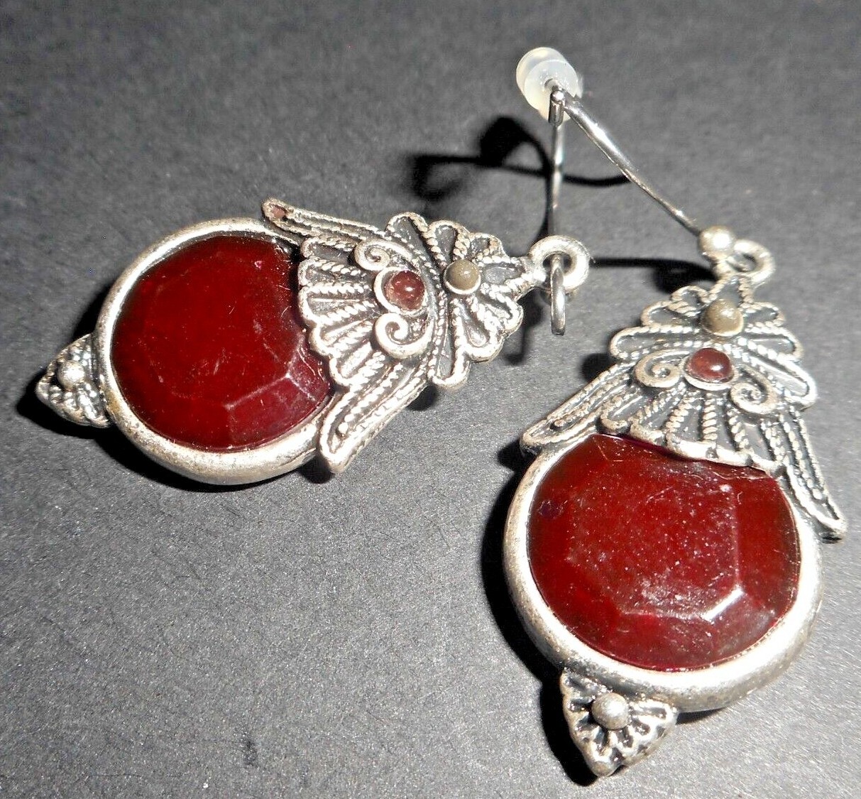 Silver Tone Ruby Garnet Double Sided Dangle Hook … - image 1