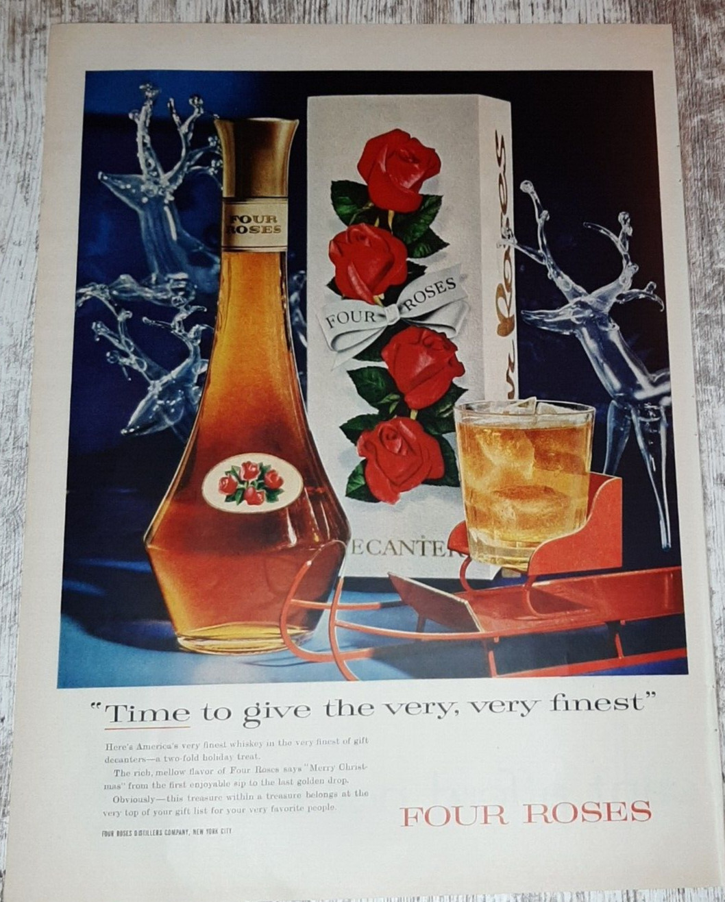 1956 Four Roses Vintage Print Ad Whiskey American Holiday Decanter Rocks Glass
