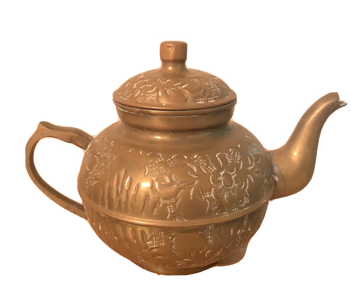 VINTAGE BRONZE COLOR BRASS POTTERY HAMMERED TEA POT HANDLED KETTLE 