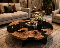 Round Coffee Table, Round Resin River, Table, Walnut Wood & Black Resin Tabletop