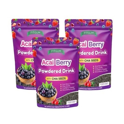 3 Packs FITGUM Acai Berry Drink Powder w/ Chia & Collagen   30 Sachets