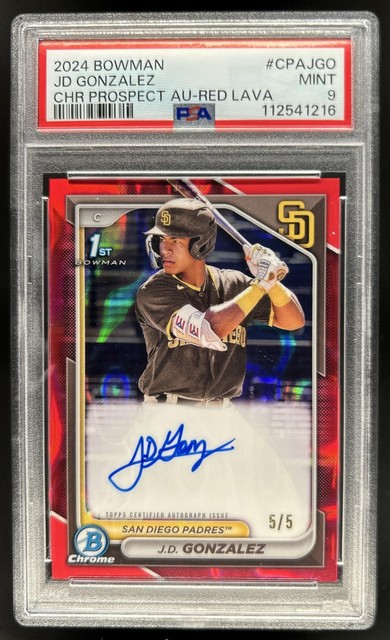 Bowman J.D. 2024 Gonzalez Chrome Auto Red Lava Refractor 1st #/5 Padres PSA 9