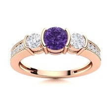 Round Natural Amethyst Sterling Silver Engagement Three-Stone February Ring