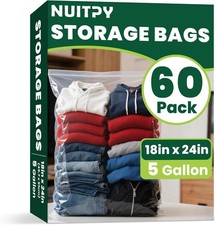 60 Pack Large 5 Gallon Storage Bags with Zipper Top, 18 X 24 Inch Zipper Bags, C