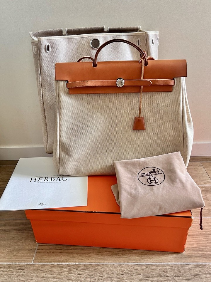 HERMÈS Herbag Beige Canvas Leather Satchel Top Handle Lock Key Dust Bag Box