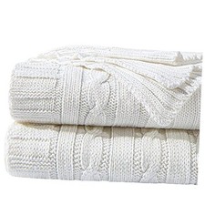 Cotton Cable Knit Throw, Super Soft Warm Multi Color Blanket, 51 51"x67" White
