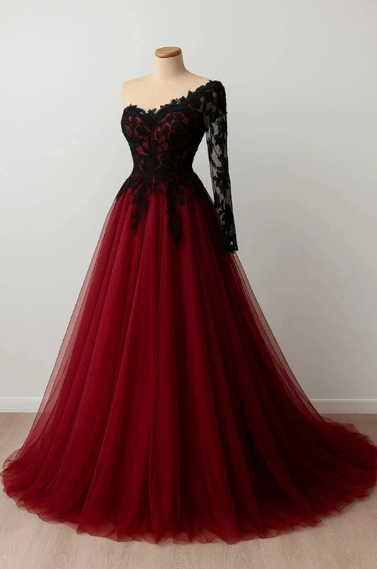 Vestidos de noiva góticos pretos vermelhos com mangas compridas decote V linha A vestidos de noiva - Imagem 2 de 4