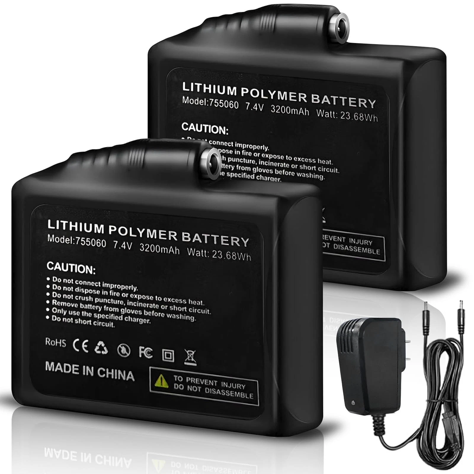 2Pack 7.4V 3200mAh Li-Polymer Rechargeable Battery for Heated Gloves - Fast Heat