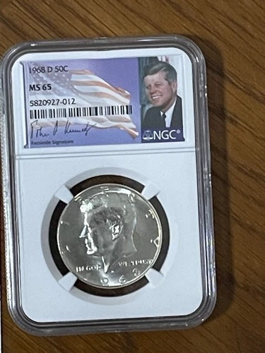 1968  D NGC MS65 Kennedy Half Dollar 50c JFK Coin Signature Flag Label