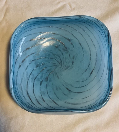 Vintage Murano Art Glass Bowl Blue With Gold Dust Swirl