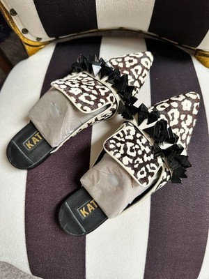Kat Maconie Issa Black White Animal Print Calf Hair Pointed Toe Mules Sz 7