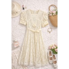 Jessica McClintock Girls Lace Dress 8 Cream Rosette Vtg Victorian Flower Girl