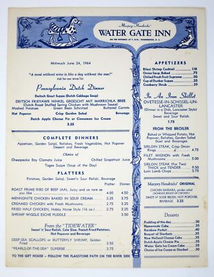D C Menu / Washington / WATER GATE INN Ca. 1964 | eBay