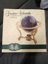 6” Blue Lapis Gemstone Globe Semi Precious Stone Inlay Brass Stand With Compass
