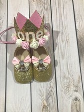Baby girl crown headband, first birthday headband and shoes, gold glitter shoes