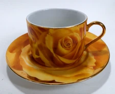 CC&T ORANGE Classic Coffee Cup Saucer Set Hot Roses Gold Handle Tea Espresso Fun