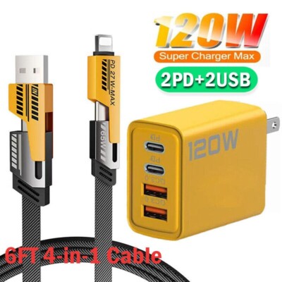 Multi Fast Charging Phone Cable & Wall Charger USB A/USB C to Type C 65W 4-in-1