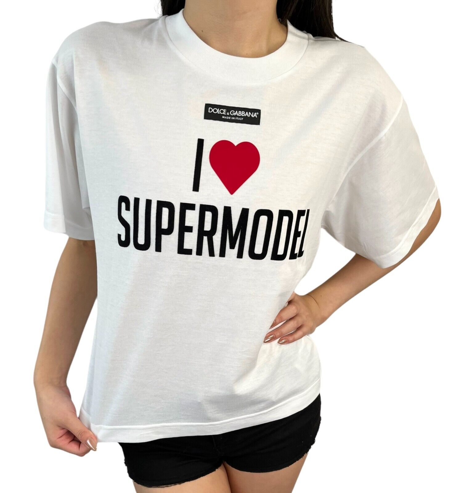 DOLCE&GABBANA Logo T-shirt #XXS Top White Black Cotton I Love Supermodel  RankA