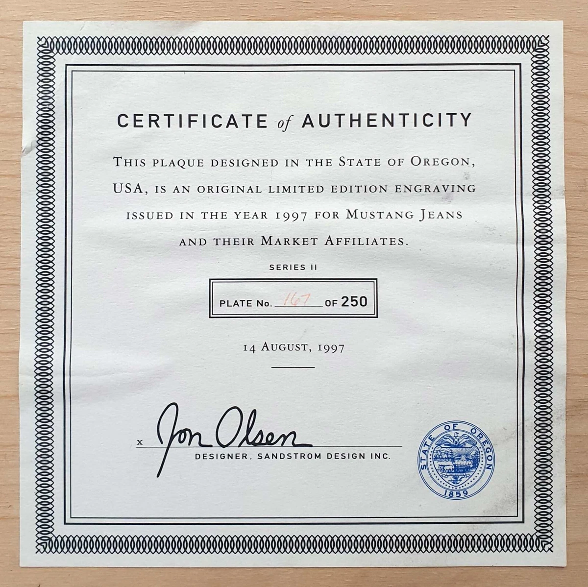 MUSTANG JEANS Werbung Metallschild auf Holz 45x45 cm, limit. 167/250, USA 1997
