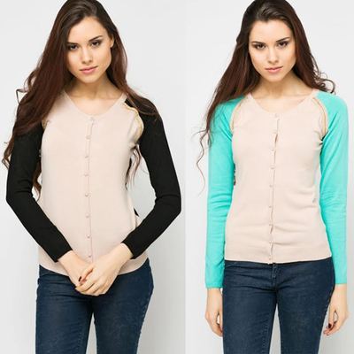 New Womens Chain Trim Contrast Sleeve Cardigan Knitwear  UK (8-10)