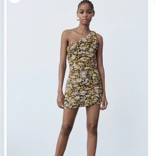 NWOT Zara Chiffon One Shoulder Draped Mini Floral Dress. Size X-Small
