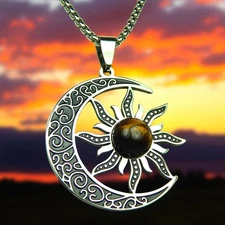 Bohemian Sun Moon Necklace Silver Stainless Steel Tigers Eye Celestial Pendant