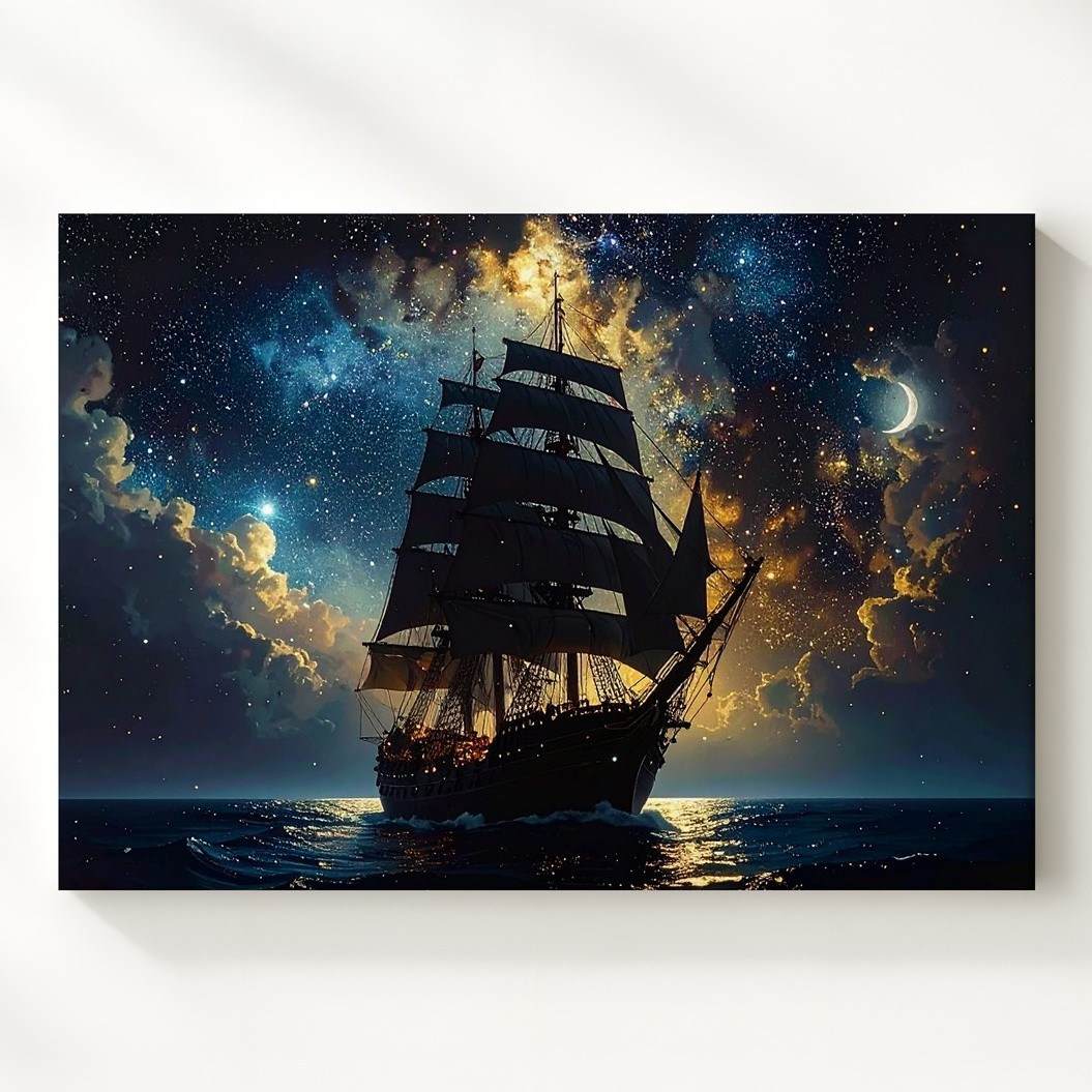 Starlit Voyage Canvascelestial Tall Ship Sailing Through The Cosmic Sea Wall Art