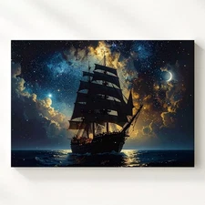 Starlit Voyage Canvascelestial Tall Ship Sailing Through The Cosmic Sea Wall Art