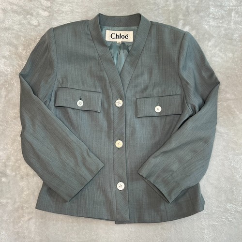 Chloé, Giacca CHLOE vintage senza colletto misto lana grigio verde donna 40 made in Japan
