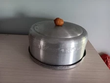 Vintage Embossed Aluminum Acorn Wood Handle Cake Serving Plate W/ Lid