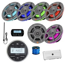 JBL Marine Gauge BT Radio w/Remote, 6x 6.5" LED Gray Speaker, Amp, Antenna, Wire