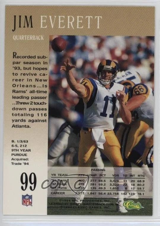1994 Classic Pro Line Live Jim Everett #99 - Image 2 of 2