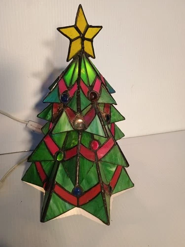 VTG. Stained Tiffany Style 11" Glass Light Up Electric Tabletop Christmas Tree