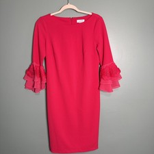 Calvin Klein  Floral Appliqué Bell Sleeve Sheath Midi Dress Size 8 Vibrant Pink