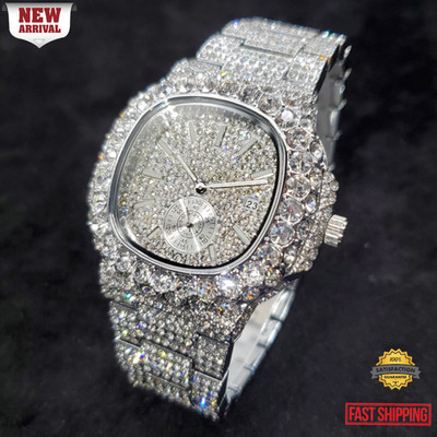 Hip Hop Luxury Ice out Men's Watch Iced King Bling Cz Diamond Silver Waterproof