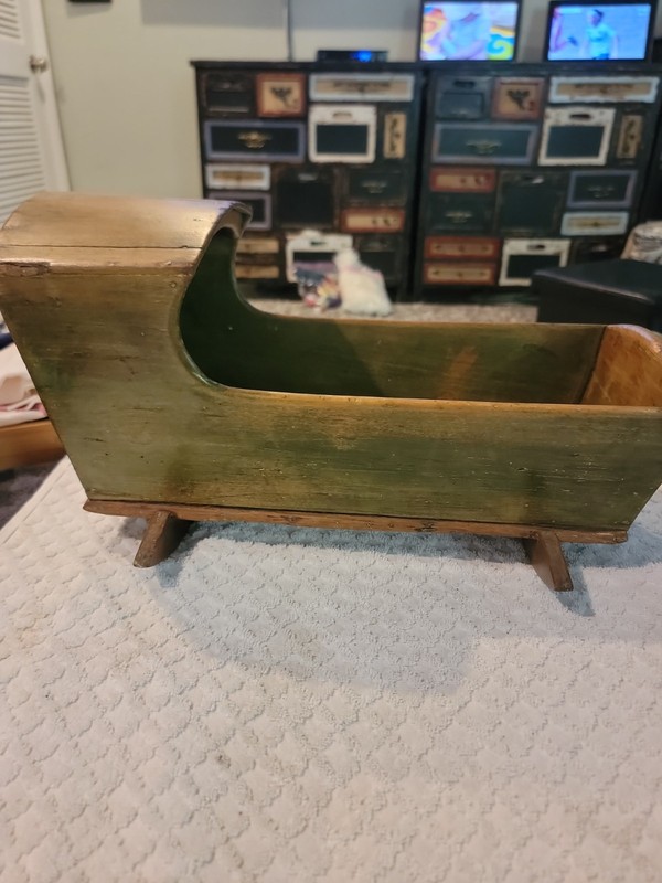 Handmade wooden doll cradle with handmade quilt and pillow, 15 x 8"