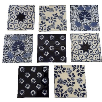 Pier 1 Porcelain Tile Coasters Blue White Boho French Floral Set of 8 Retired