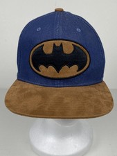 Batman Sombrero Gorra Snap Back DC Comics Azul Denim Marrón Gamuza Logo Ajustable Usado en Excelente Condición
