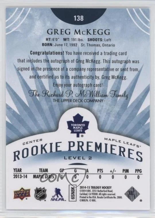 2014 Trilogy Level 2 Premieres Radiant Blue /225 Greg McKegg #138 Rookie Auto RC - Image 2 of 2