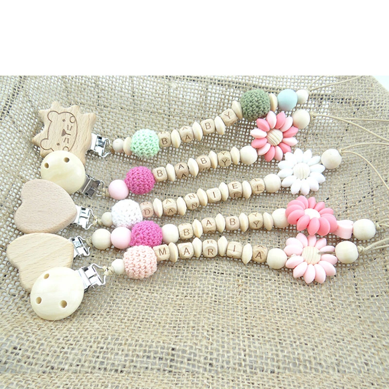 Schnullerkette mit Namen Blume aus Silikon Natur Holz Junge & Mädchen Geschenk ♥ - Bild 4 von 4