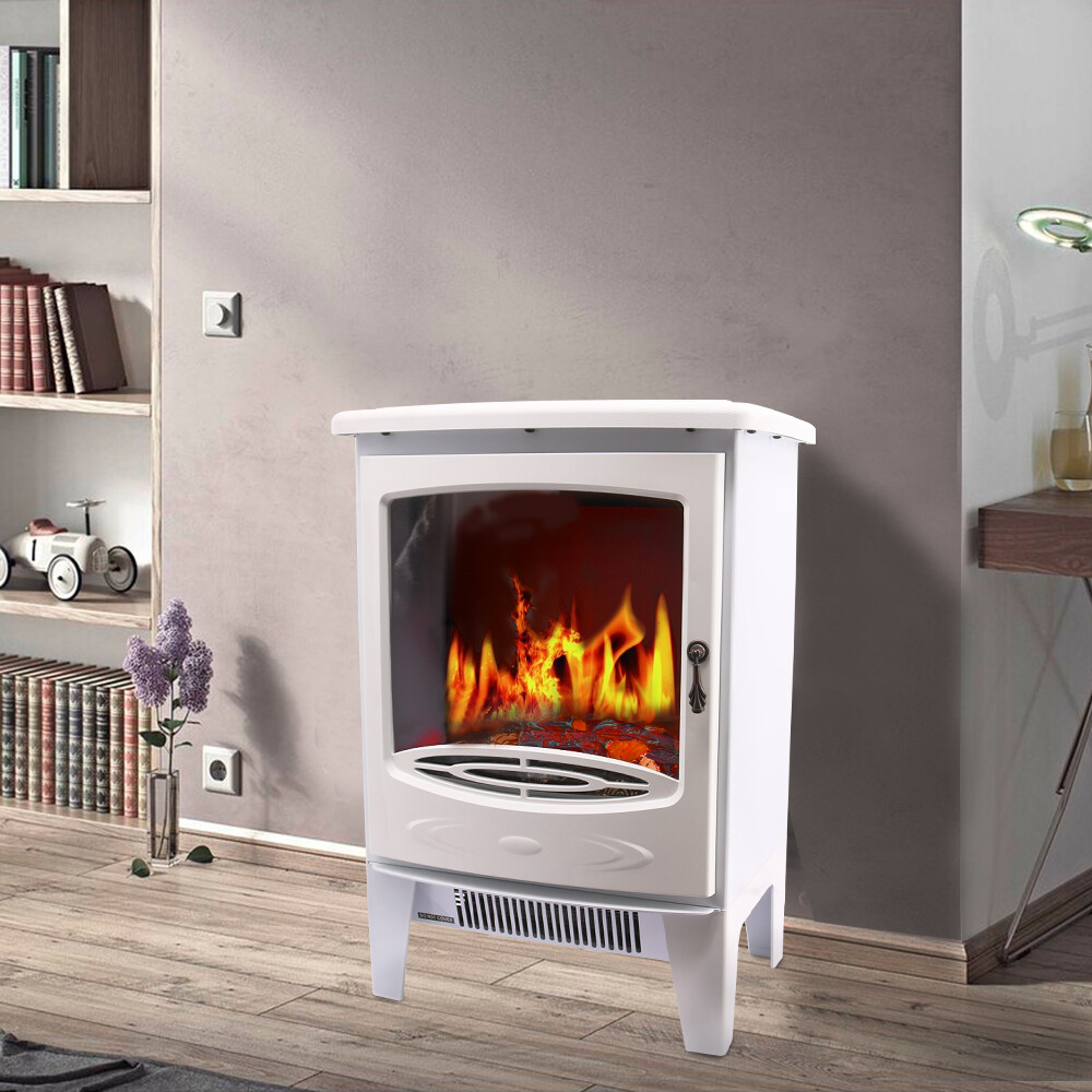 Free Standing Electric Stove with LED Fireplace Fire Flame Heater White